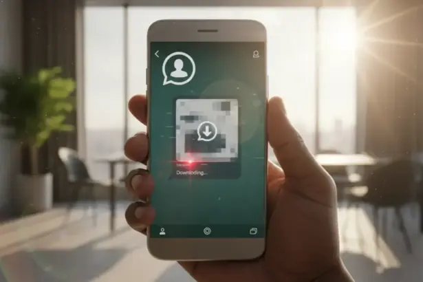 Celular com logo do WhatsApp mostrando que uma fotografia pode infetar o telemóvel e expor dados bancários sensíveis.