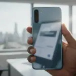 Smartphone Galaxy M17e 5G com elementos gráficos de valores e fundo abstrato, sugerindo o vazamento de seu preço.