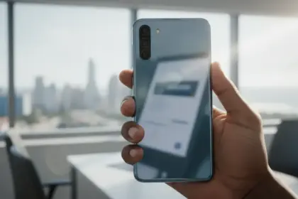 Smartphone Galaxy M17e 5G com elementos gráficos de valores e fundo abstrato, sugerindo o vazamento de seu preço.