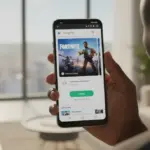 Smartphone exibe ícone da Google Play Fortnite, marcando a volta do game ao Android e a redução de taxas na plataforma.