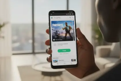 Smartphone exibe ícone da Google Play Fortnite, marcando a volta do game ao Android e a redução de taxas na plataforma.