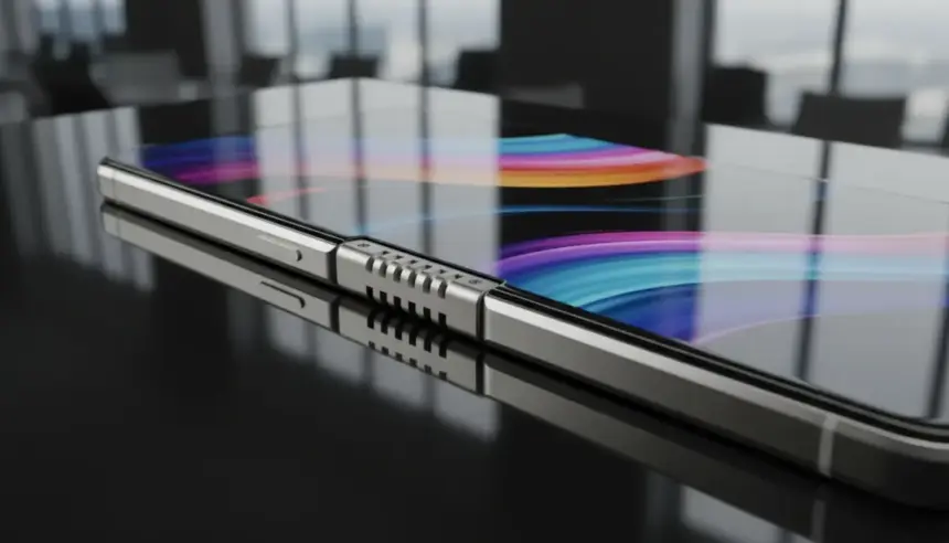 Smartphone dobrável Honor Magic V6 em destaque, exibindo sua dobradiça reforçada e design ultrafino e elegante.