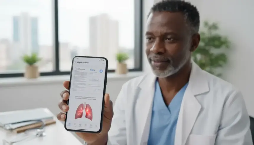 Interface digital exibe análise de exames e sintomas médicos através da IA de saúde da Amazon em um smartphone.