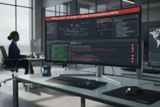 Logotipo da Anthropic e ícone do Mozilla em tela digital; IA encontra falhas no Firefox e destaca códigos de segurança.