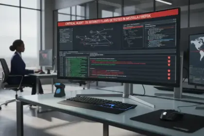 Logotipo da Anthropic e ícone do Mozilla em tela digital; IA encontra falhas no Firefox e destaca códigos de segurança.