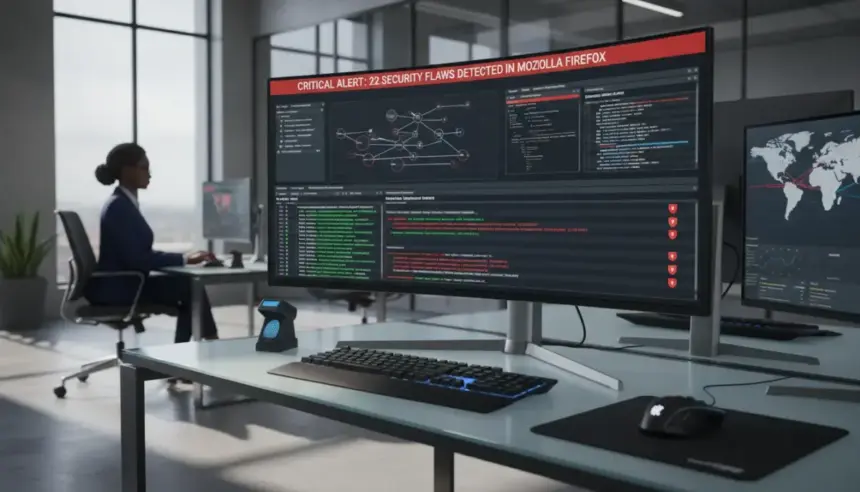 Logotipo da Anthropic e ícone do Mozilla em tela digital; IA encontra falhas no Firefox e destaca códigos de segurança.