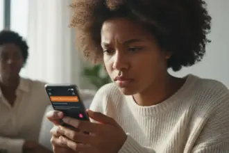 Smartphone exibe aviso de segurança onde o Instagram alerta pais sobre pesquisas perigosas feitas por adolescentes.