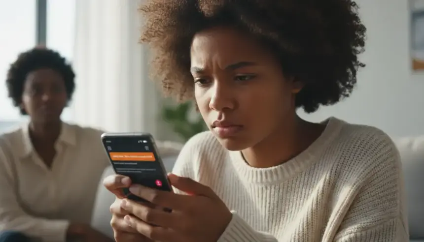 Smartphone exibe aviso de segurança onde o Instagram alerta pais sobre pesquisas perigosas feitas por adolescentes.