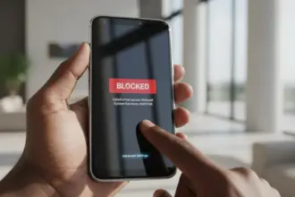 Logo do Android com cadeado e o caminho para instalar apps sem verificação no Android oculto nas configurações.