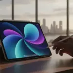 iPad Air com M4 em diversas cores exibido de frente e de lado com design ultrafino e tela de bordas reduzidas.