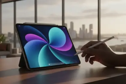 iPad Air com M4 em diversas cores exibido de frente e de lado com design ultrafino e tela de bordas reduzidas.