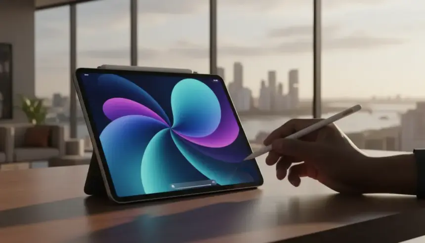 iPad Air com M4 em diversas cores exibido de frente e de lado com design ultrafino e tela de bordas reduzidas.