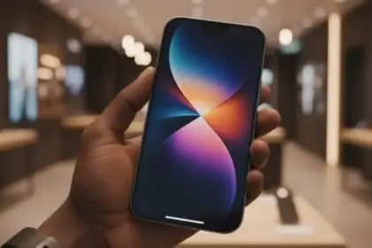 Vista frontal do iPhone 17e com design moderno e elegante em um cenário minimalista da Apple.