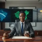 Logotipo da Meta e martelo de juiz ilustram meta ações judiciais contra fraudadores no Brasil, China e Vietnã.