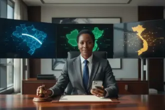 Logotipo da Meta e martelo de juiz ilustram meta ações judiciais contra fraudadores no Brasil, China e Vietnã.