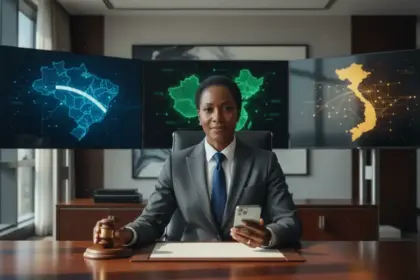 Logotipo da Meta e martelo de juiz ilustram meta ações judiciais contra fraudadores no Brasil, China e Vietnã.