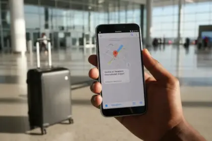 Smartphone com mapa de localização em chat e mala, destacando as novas funções Android março 2026.