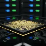 Nvidia novo chip de inteligência artificial com circuitos detalhados e iluminação tecnológica para a conferência GTC.