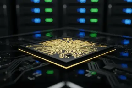 Nvidia novo chip de inteligência artificial com circuitos detalhados e iluminação tecnológica para a conferência GTC.
