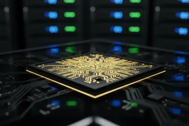 Nvidia novo chip de inteligência artificial com circuitos detalhados e iluminação tecnológica para a conferência GTC.