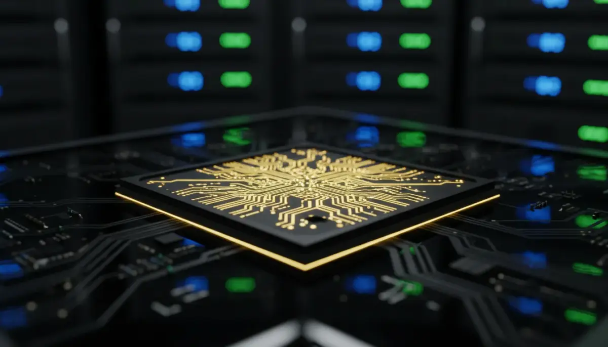 Nvidia novo chip de inteligência artificial com circuitos detalhados e iluminação tecnológica para a conferência GTC.