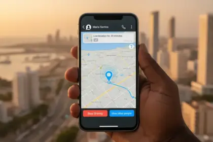 Smartphone exibe mapa e pino de GPS indicando a partilha de localização WhatsApp em tempo real em uma conversa do app.