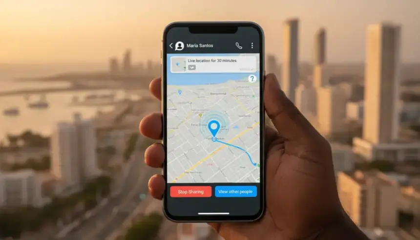 Smartphone exibe mapa e pino de GPS indicando a partilha de localização WhatsApp em tempo real em uma conversa do app.