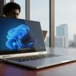 Modernos portáteis Windows de 2026 com ícones de bateria carregada e um sinal de alerta luminoso ao lado.