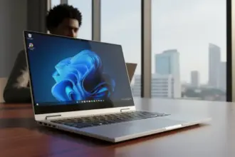 Modernos portáteis Windows de 2026 com ícones de bateria carregada e um sinal de alerta luminoso ao lado.