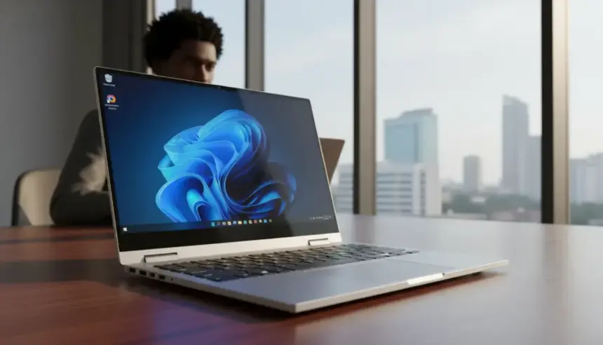 Modernos portáteis Windows de 2026 com ícones de bateria carregada e um sinal de alerta luminoso ao lado.