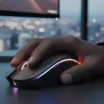 Modernos ratos gaming sem fios com iluminação RGB e design ergonômico em um setup tecnológico de alta performance.