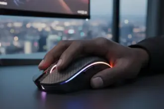Modernos ratos gaming sem fios com iluminação RGB e design ergonômico em um setup tecnológico de alta performance.