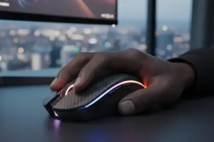Modernos ratos gaming sem fios com iluminação RGB e design ergonômico em um setup tecnológico de alta performance.
