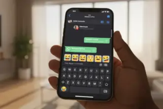iPhone exibe sugestão de stickers no WhatsApp acima do teclado após a inserção de um emoji no campo de texto.