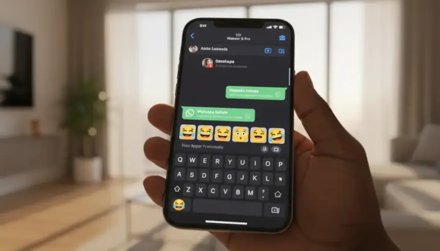 iPhone exibe sugestão de stickers no WhatsApp acima do teclado após a inserção de um emoji no campo de texto.