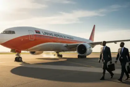 Avião da companhia sobre mapa de rotas destacando TAAG voos Luanda Abidjan conectando Angola e Costa do Marfim.