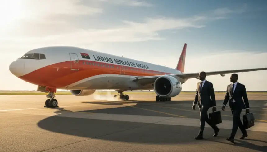 Avião da companhia sobre mapa de rotas destacando TAAG voos Luanda Abidjan conectando Angola e Costa do Marfim.