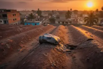 Alerta visual de perigo: tiros para o ar Angola não são inofensivos e causam acidentes graves ao retornarem ao solo.