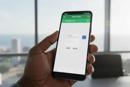 Smartphone exibe pagamento no WhatsApp Business com ícone de Euro e elementos visuais da União Europeia ao fundo.