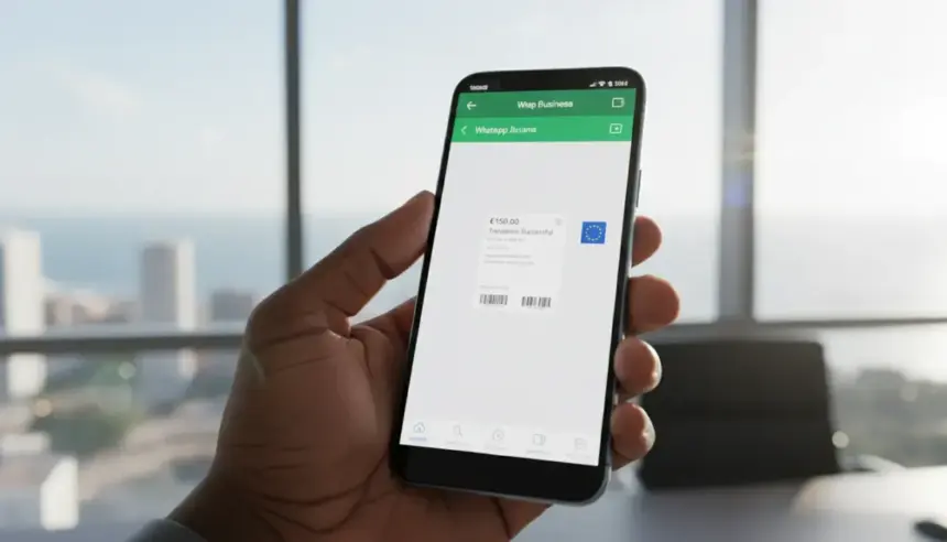 Smartphone exibe pagamento no WhatsApp Business com ícone de Euro e elementos visuais da União Europeia ao fundo.