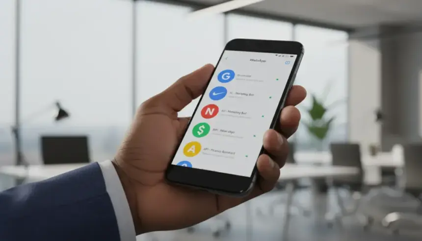 Logo do WhatsApp no Brasil com diversos ícones de chatbots, simbolizando a abertura para empresas concorrentes.