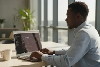 Interface do workspace privado rodando WordPress no navegador em um monitor, destacando o novo ambiente de edição.