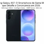 Smartphone Galaxy A57 5G com tela infinita, design sofisticado e conjunto de câmeras triplas em destaque.