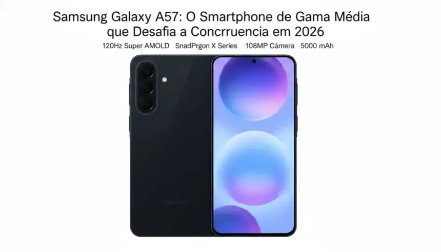 Smartphone Galaxy A57 5G com tela infinita, design sofisticado e conjunto de câmeras triplas em destaque.