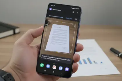 Smartphone Samsung com interface One UI 8.5 utilizando o Galaxy S26 Documentscan para digitalizar documentos.