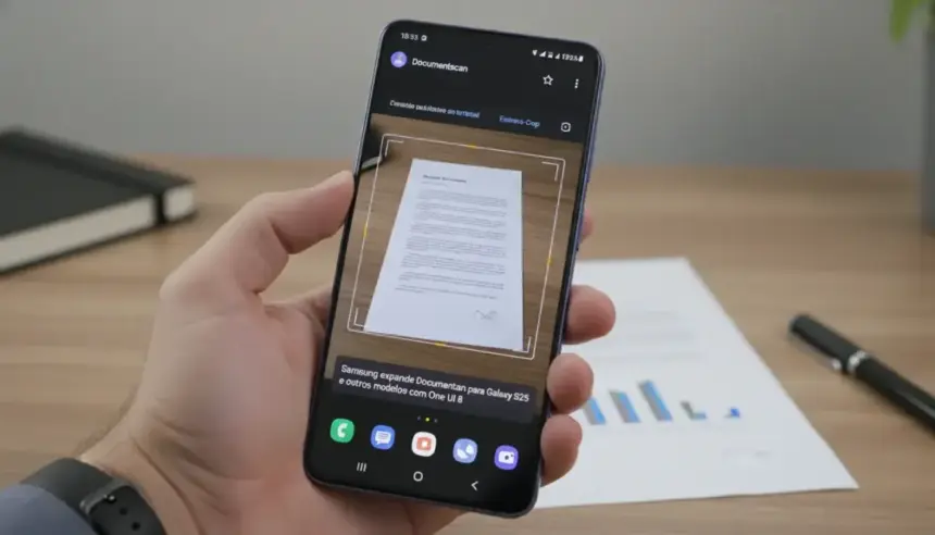 Smartphone Samsung com interface One UI 8.5 utilizando o Galaxy S26 Documentscan para digitalizar documentos.