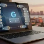 Interface futurista com abas inteligentes organizadas por IA, destacando a eficiência do Modo IA no Chrome.