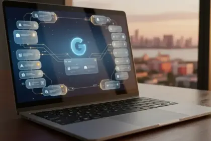 Interface futurista com abas inteligentes organizadas por IA, destacando a eficiência do Modo IA no Chrome.