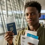 Jovem no aeroporto com passaporte e mala avaliando quanto menor 16 viagem angola portugal custa no total.