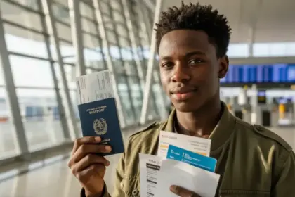 Jovem no aeroporto com passaporte e mala avaliando quanto menor 16 viagem angola portugal custa no total.